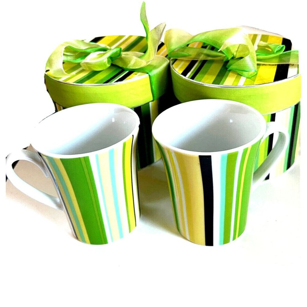 Set /2 Box Cup Gift Set by Multiple Choice Green Yellow Stripes - New